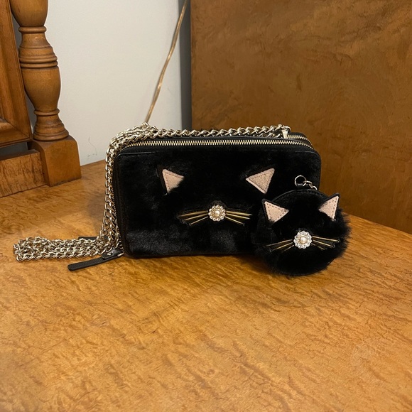 NWOT Kate Spade Faux Fur Cat Clutch with Crossbody Strap and Matching Keychain - Picture 2 of 5